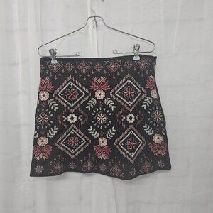 Andree by Unit Black Pink Floral Embroidered Faux Leather Mini Skirt Boho M
